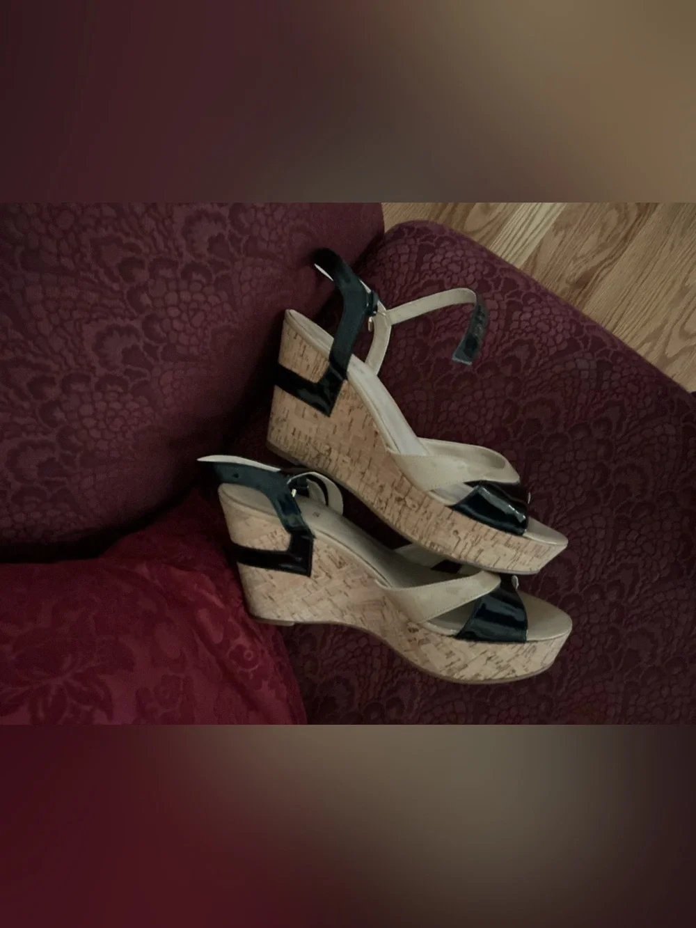 Guess Black Patent and Beige Cork Wedge Sandals